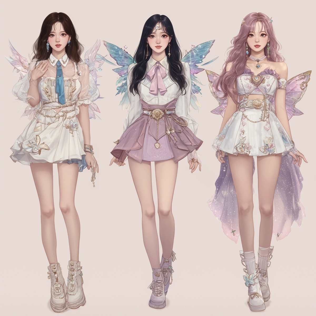 Three illustrated members of Terrace posing in flawless pastel stage outfits, complete with delicate, translucent fairy wings.