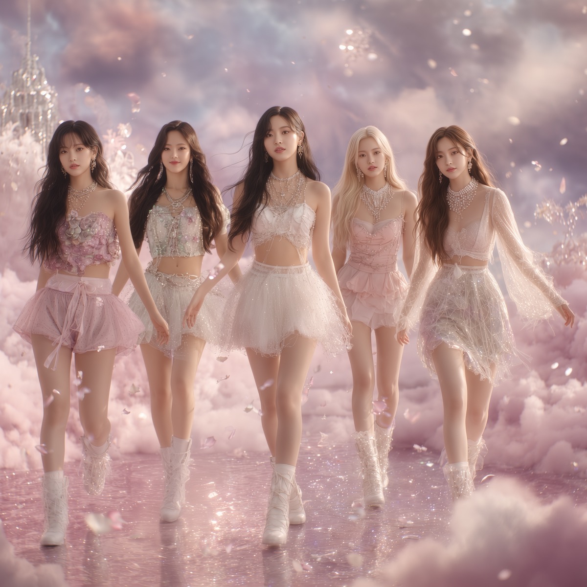 Five members of Terrace walking forward in sparkling pink and white stage outfits along a shimmering reflective path, surrounded by falling petals, fluffy pink clouds, and a faint crystalline structure.