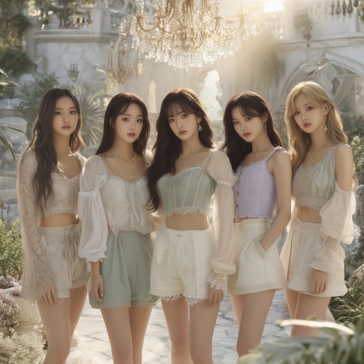 Five members of Terrace looking directly at the camera, standing in pale, delicate outfits beneath a crystal chandelier, bathed in blinding sunlight within an overgrown marble garden.