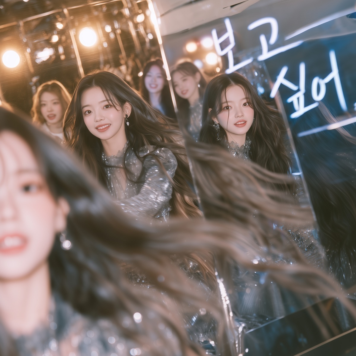 A candid snapshot of the LUSCENT members at the boundary between the stage and the audience, with a large mirror to the right illuminated by bright stage lights and soft bokeh. An out-of-focus member in the foreground frames two sharply focused central members in shimmering, silver outfits. Both lock eyes with the viewer in a moment of warm recognition—the left member directly, and the right member through her reflection in the mirror. Text reading '보고 싶어' is scrawled in blue across the glass.