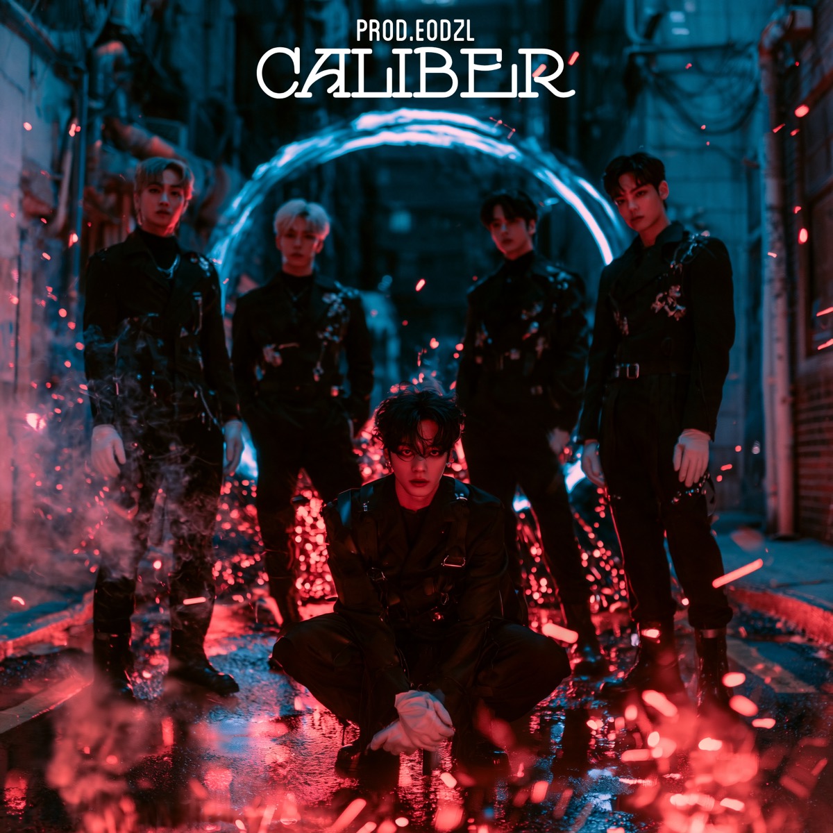Five members of CALIBER wearing black tactical outfits stand in a gritty, dimly lit alleyway. A brilliant blue, glowing circular portal illuminates the four members standing in the background, while the fifth member crouches intensely in the foreground. Bright red sparks and embers fly across the bottom half of the image, casting a harsh red glow over the dark environment.